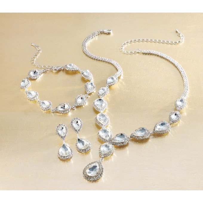 Crystal Pear-drop Jewelry Set, Clear, large
