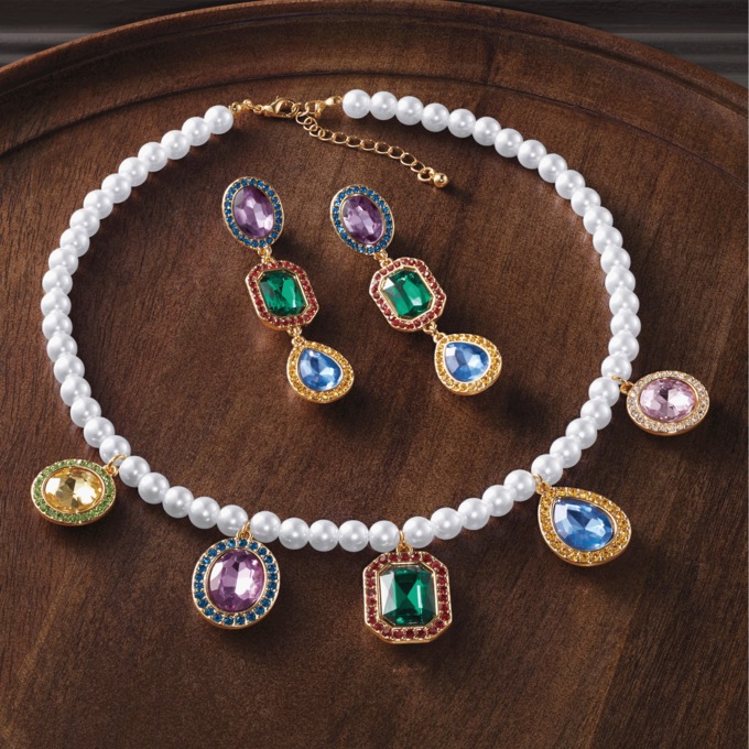 Faux Pearls with Colorful Crystal Pendants Necklace & Earring Set, , large