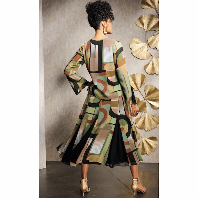 Shani Body-Skimming Georgette Top in Geometric Print with Flared Sleeves, , large