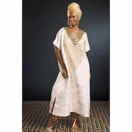 Nadia Metallic Caftan with Beaded Waterfall Neckline, , large