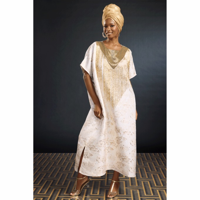 Nadia Metallic Caftan with Beaded Waterfall Neckline, , large