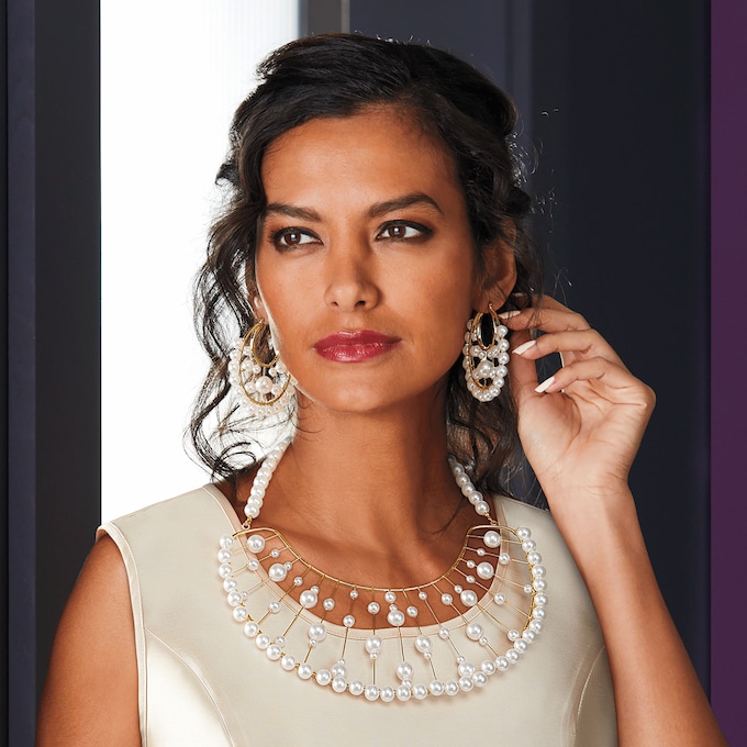 Wire Faux-Pearl Bib Necklace & Earring Set, Goldtone, large
