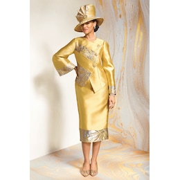 Ananda Asymmetric Jacket Dress with Rhinestone Buttons and Metallic Trim and Ananda Hat, , large