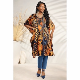 Najala Women&rsquo;s Knee-Length Caftan with V-Neck in Bold Afrocentric Print, , large