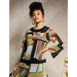 Shani Body-Skimming Georgette Top in Geometric Print with Flared Sleeves, , large