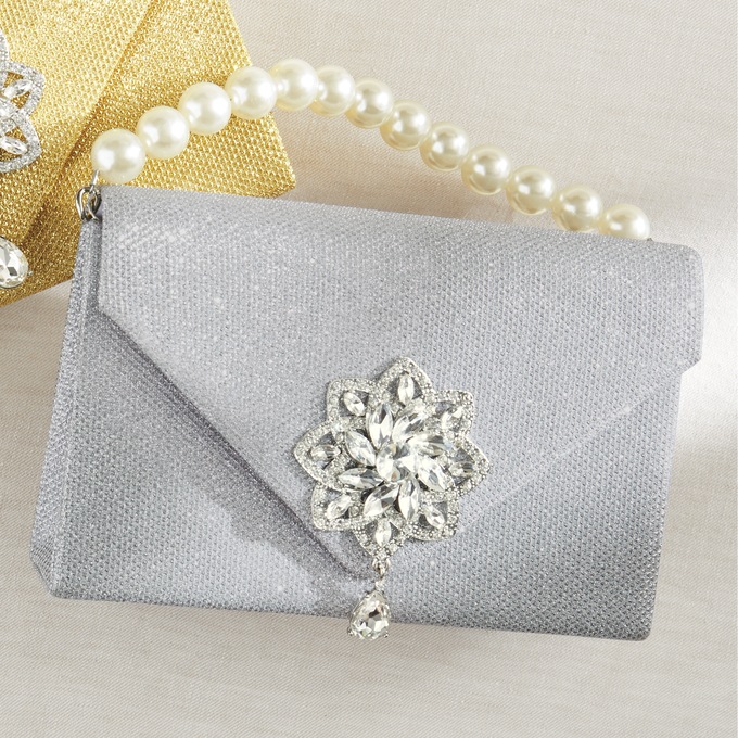 Faux Pearl-Handled Glimmer Clutch, Silver, large