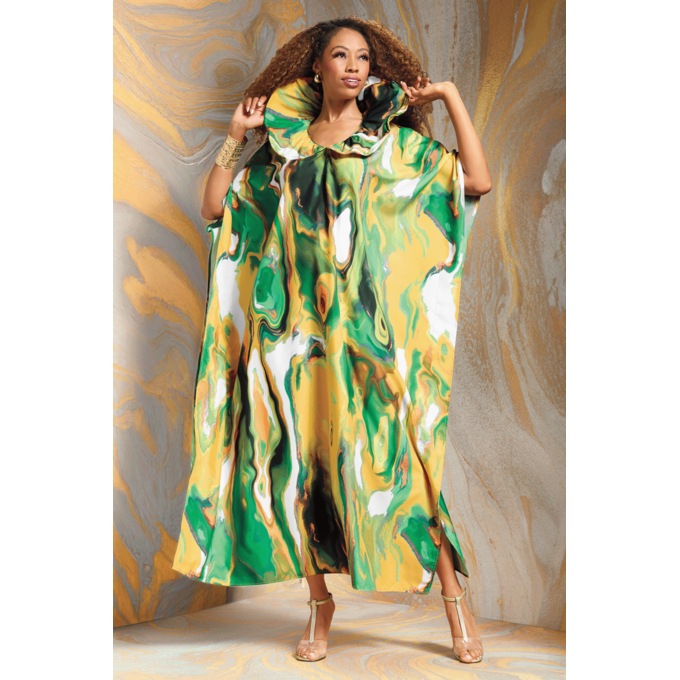 Eziyah Long Satin Caftan with Sculpted Bubble Collar, Green Multi, large