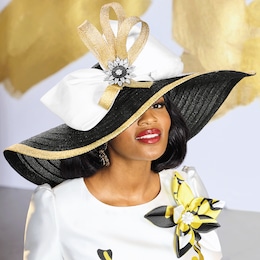 Tameera Over-sized Wide-Brim Hat with Bow and Rhinestone Brooch, , large