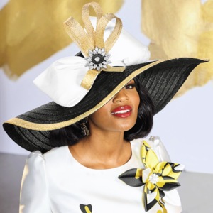 Tameera Over-sized Wide-Brim Hat with Bow and Rhinestone Brooch, Black, large