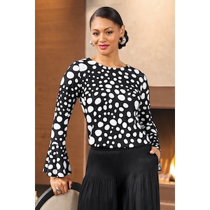 Daisy Dot Printed Stretch Top with Long Sleeves and Full-Circle Cuffs, , large