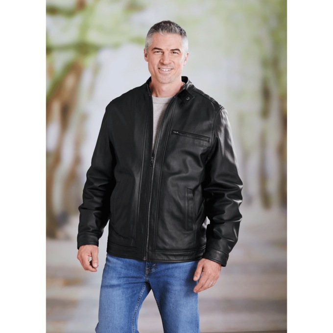 Sherpa-Lined Leather Coat, Black, large