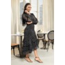 Tahira Smocked-Waist Fit-and-Flare Dress with Sheer Balloon Sleeve, Black Silver, large