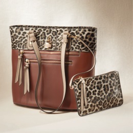 2-Piece Leopard-Trim Bucket Bag, , large