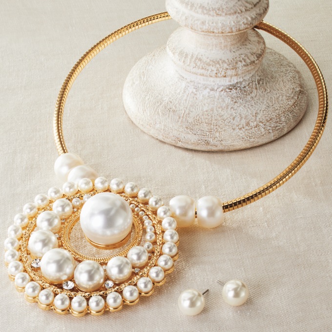 Faux-Pearl Round Necklace & Earring Set, , large