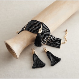 Wood Bead &amp; Fringe Choker &amp; Earring Set, , large