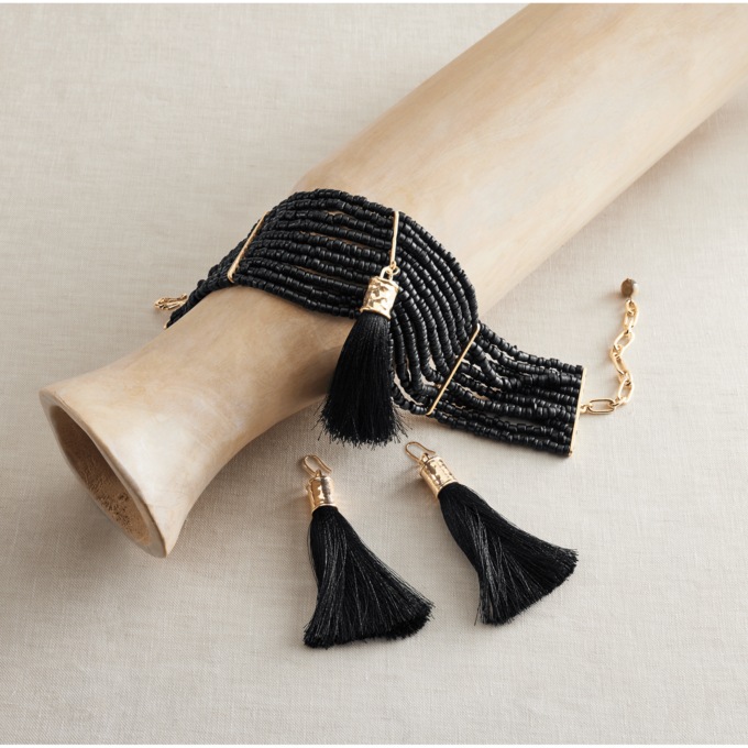 Wood Bead & Fringe Choker & Earring Set, Black, large