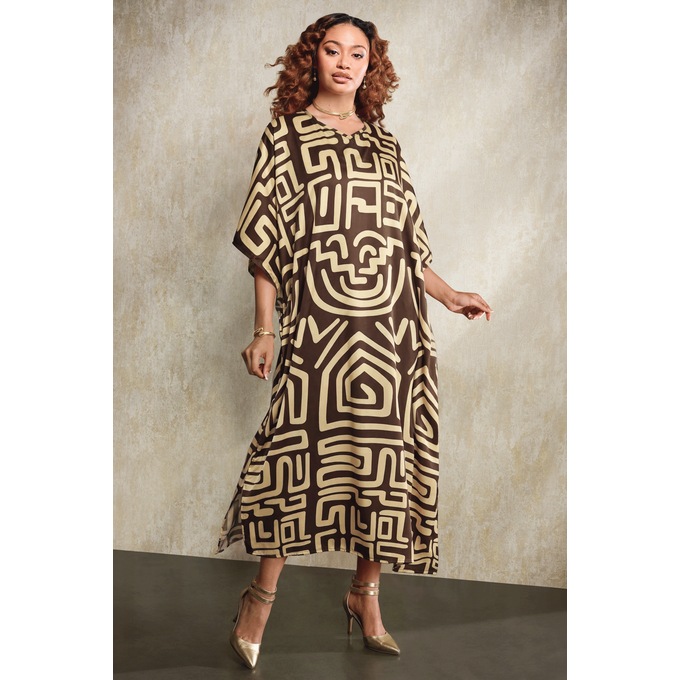 Kia Long Geometric Print Caftan for Women, Brown Ivory, large