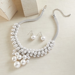 Faux-Pearl Cluster Necklace &amp; Earring Set, , large