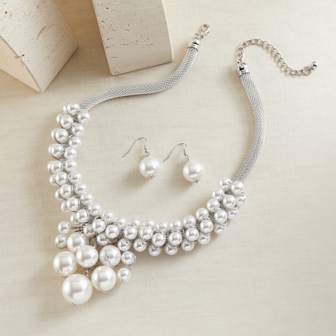 Faux-Pearl Cluster Necklace & Earring Set, Silvertone, large