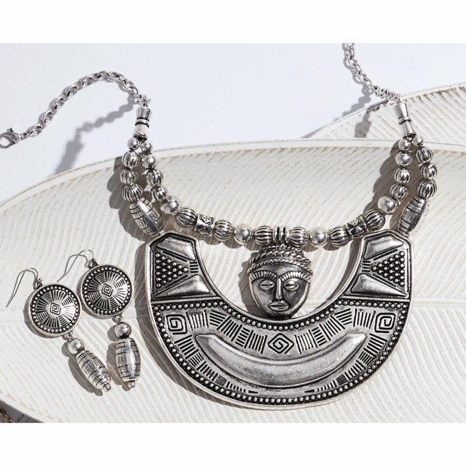 Face Ethnic Metal Necklace and Earring Set, , large
