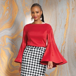 Zola Bell Sleeve Top with Pleated Ribbon Accents, , large