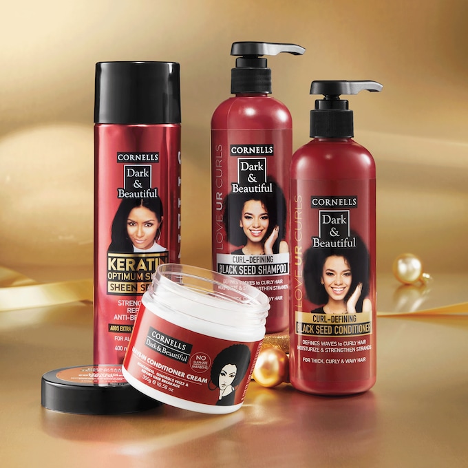 Dark &amp; Beautiful Keratin Optimum Shine Spray, Dark &amp; Beautiful Leave-In Conditioner Cream, and Curl-Defining Black Seed Shampoo or Conditioner, , large