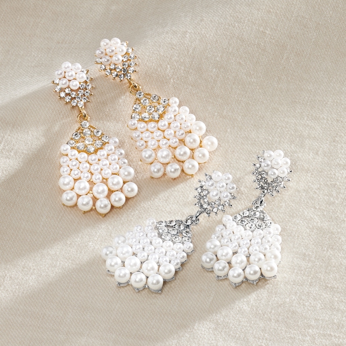 Faux-Pearl/Crystal Cluster Drop Earrings, , large
