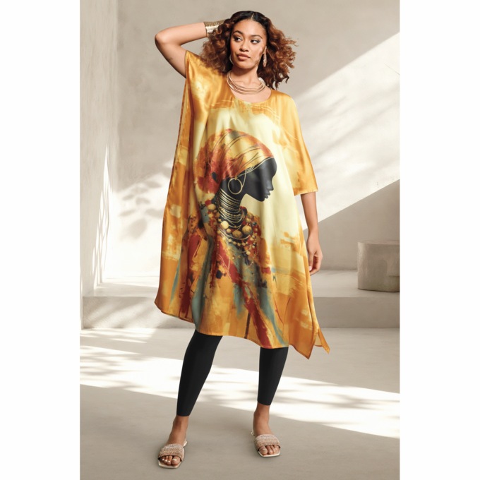 Zuri Women&rsquo;s Knee-Length Satin Caftan with Scoop Neck and Afrocentric Graphic, , large