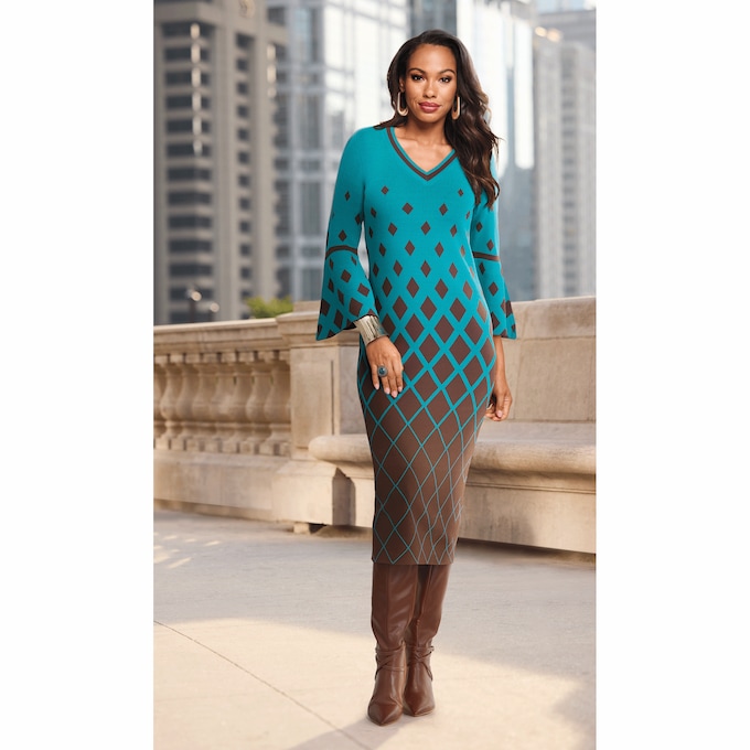 Carla Graphic-Pattern Women's Sweater Dress with Statement Sleeves, , large