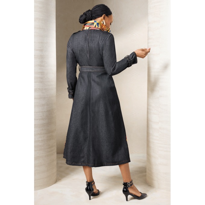 Tezlyn Women&rsquo;s Trench Dress in Denim with Embroidered, Appliqu&eacute;d Hem, , large