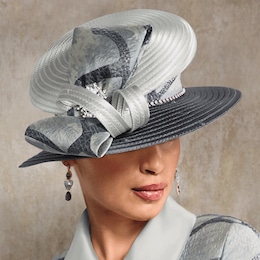 Audrina Women&#39;s Dress Hat &ndash; Asymmetrical Crown with Jacquard Bow, Ribbon Loops &amp; Rhinestones, , large