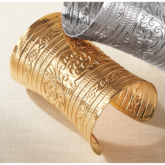 Extra-Wide Embossed Cuff, Goldtone, large