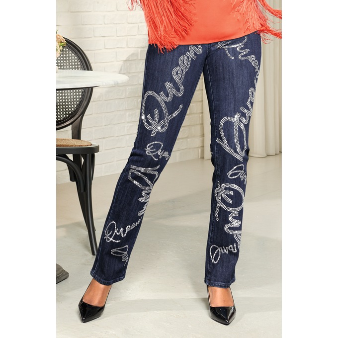 Expression Rhinestone Affirmation Slim-Leg Jeans in Stretch Denim, , large