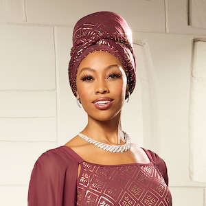 Foil Print Goddess Headwrap, Cranberry Gold, large