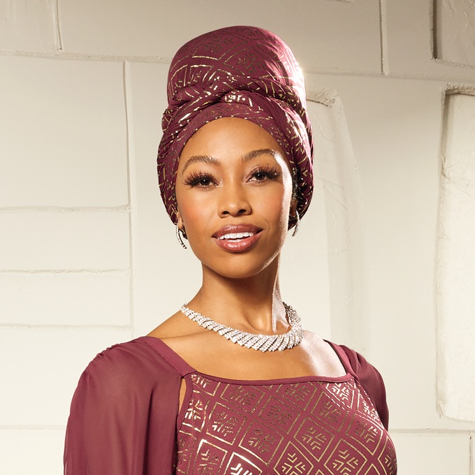 Foil Print Goddess Headwrap, Cranberry Gold, large