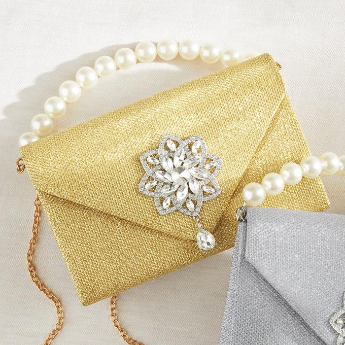 Faux Pearl-Handled Glimmer Clutch, Gold, large