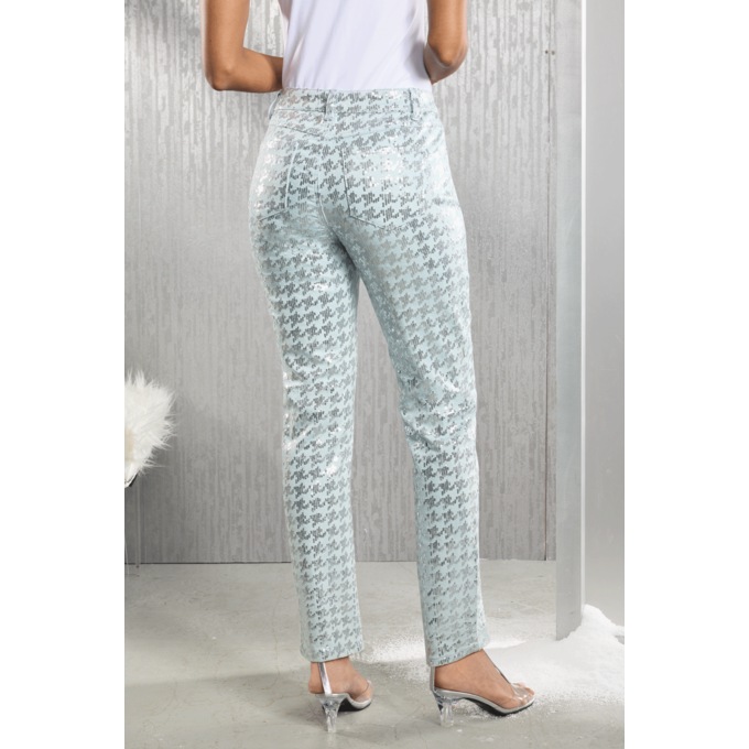 Sequin Houndstooth Stretch-Denim Slim-Leg Jean, Light Wash, large