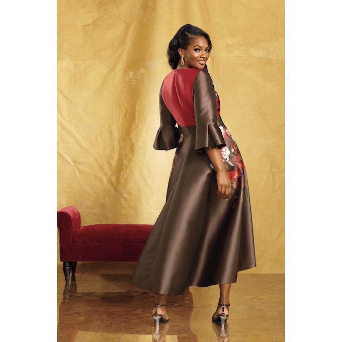 LeeLee Fit-and-Flare High-Low Maxi Dress with Bell Cuffs, , large