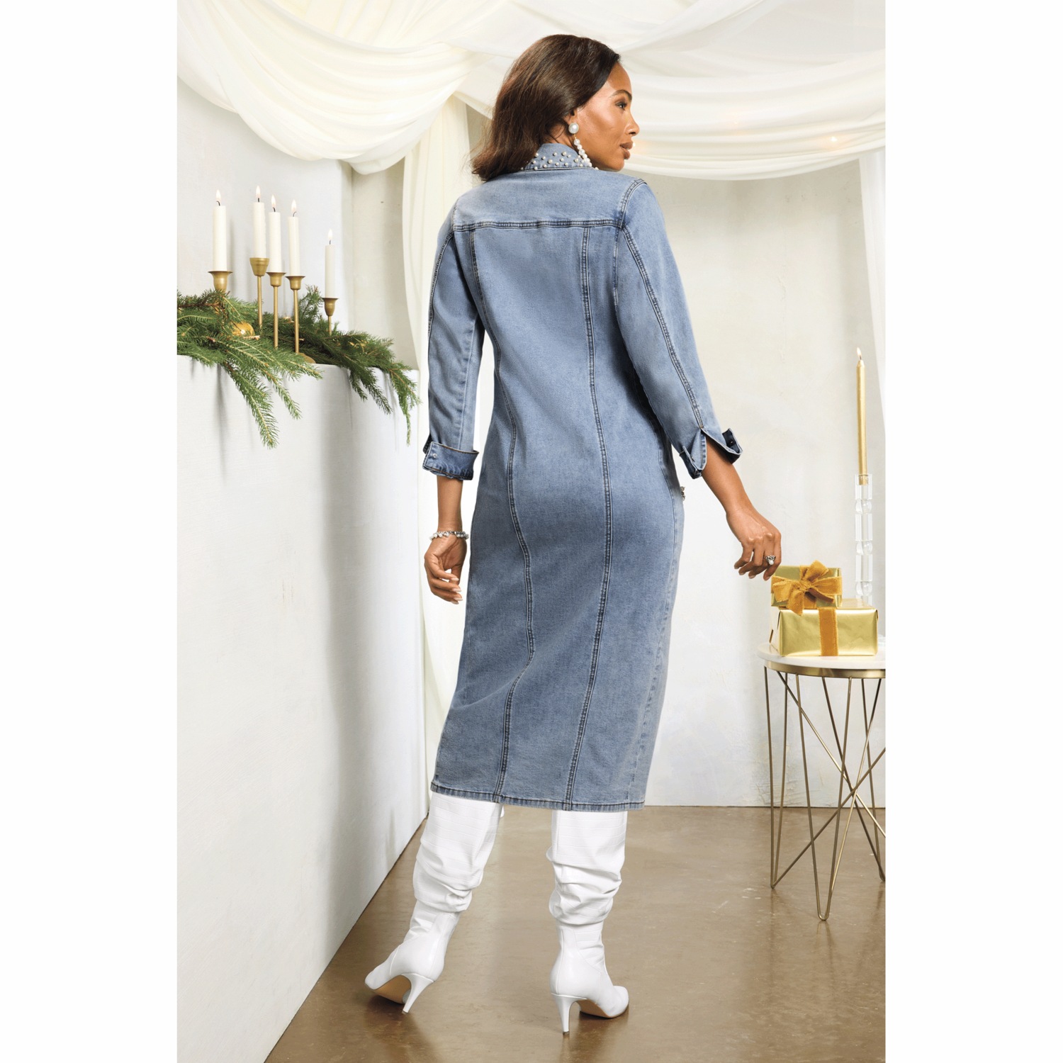 denim sheath dress Stretch Crew Neck Sleeveless Seamed Midi this dress cinches beautifully to highlight your silhouette Sleeveless Denim Sheath Dress (Women)
