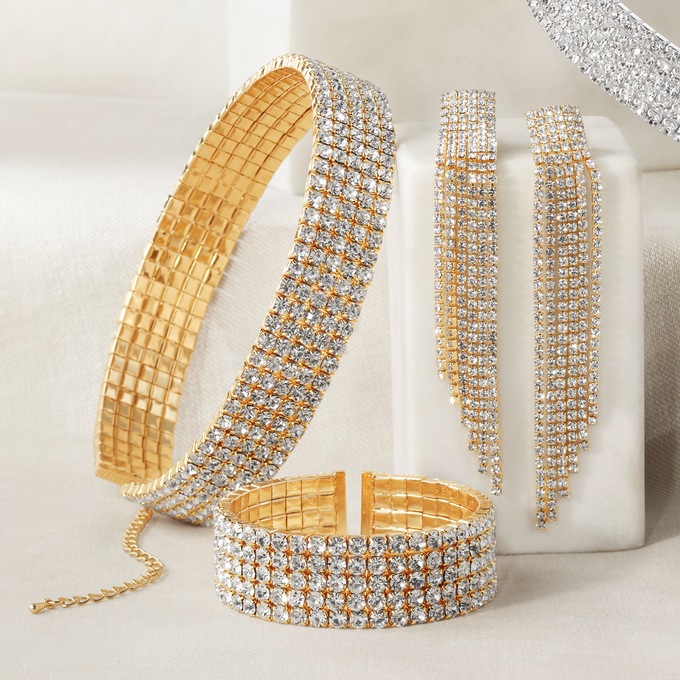 Crystal Choker, Cuff & Earring Set, Goldtone, large