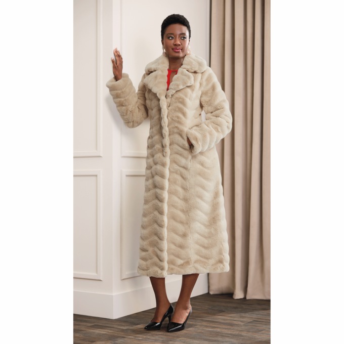 Long Faux-Fur Mink Coat, Camel, large