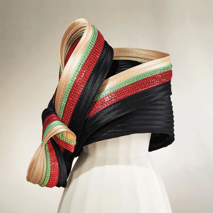 Multi-Striped Hat with Rhinestones and Bow, Black/Multi, large
