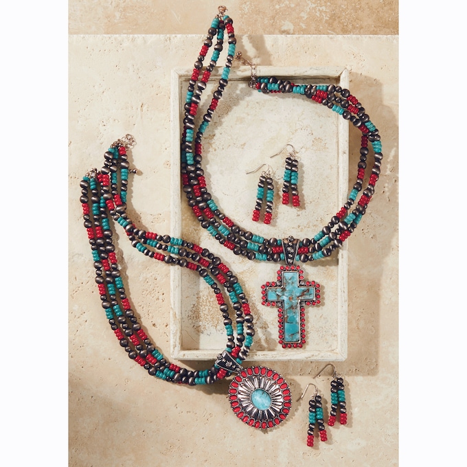 Southwest Faux-Turquoise Pendant Necklace & Earring Set, , large