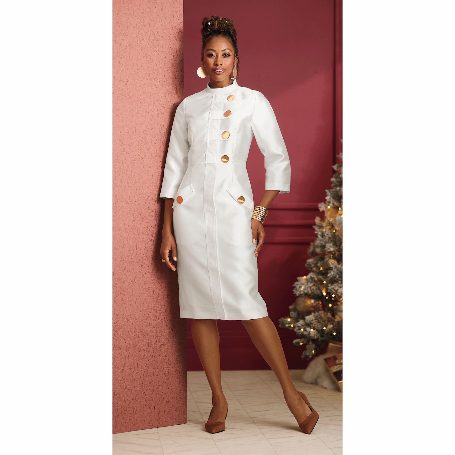 Athena Women's Sheath Dress with High Collar and Big Buttons ASHRO