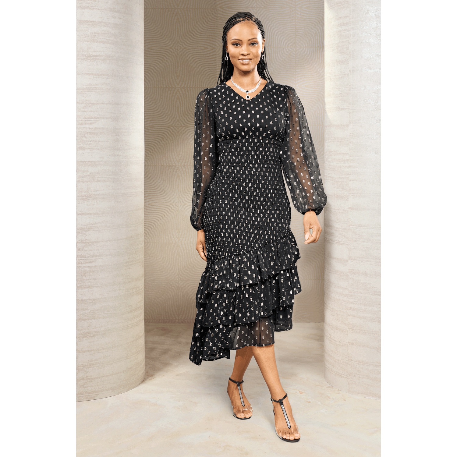 Tahira Smocked-Waist Fit-and-Flare Dress with Sheer Balloon Sleeve