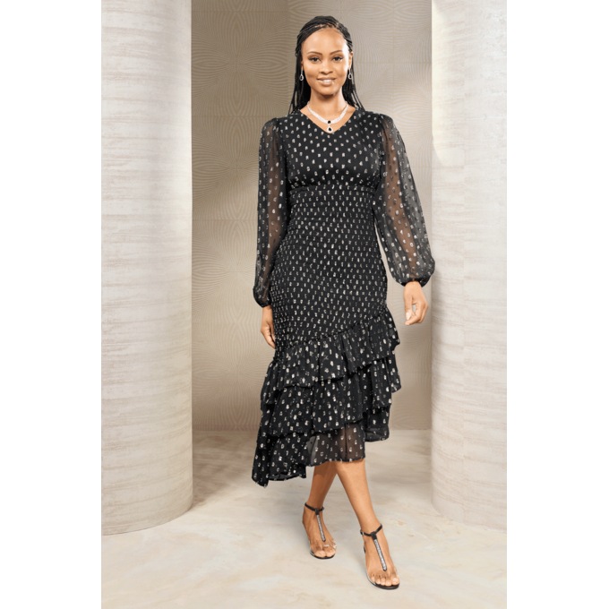 Tahira Smocked-Waist Fit-and-Flare Dress with Sheer Balloon Sleeve, Black Silver, large