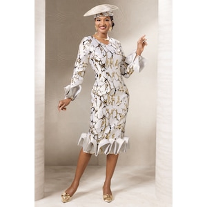 Ophilia Metallic Jacquard Midi Sheath Dress with 3-D Ruffles, , large