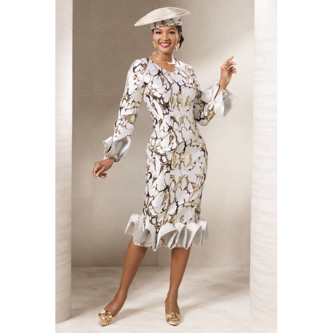 Ophilia Metallic Jacquard Midi Sheath Dress with 3-D Ruffles, , large