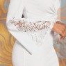Knotted Waist Women's Lace Sleeve Dress in Stretch Crepe, White, large