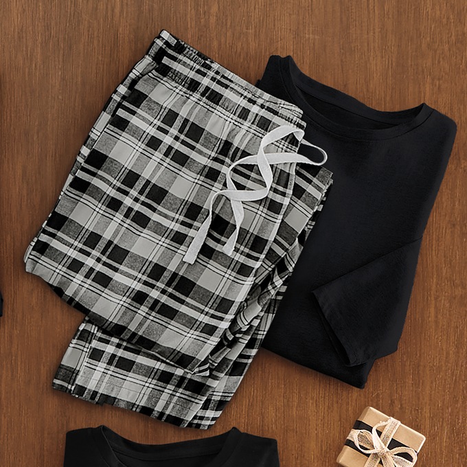 Value 2-Piece Men's PJ Set with Crew Top and Plaid Bottoms, Gray Black Plaid, large